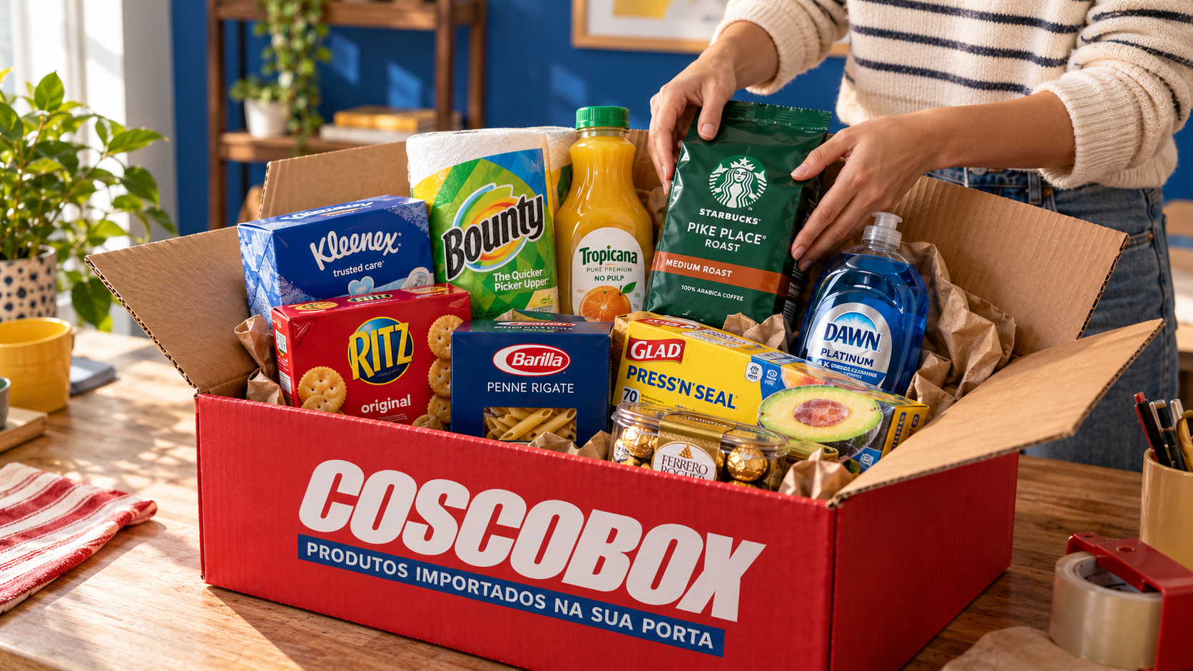 Caixa vermelha COSCOBOX sendo preparada com produtos importados